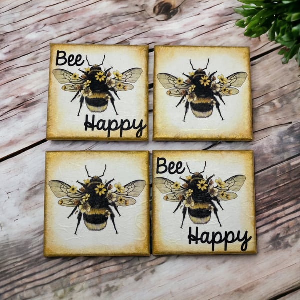 Bee Happy Wooden Coasters - Decoupaged Set of 4