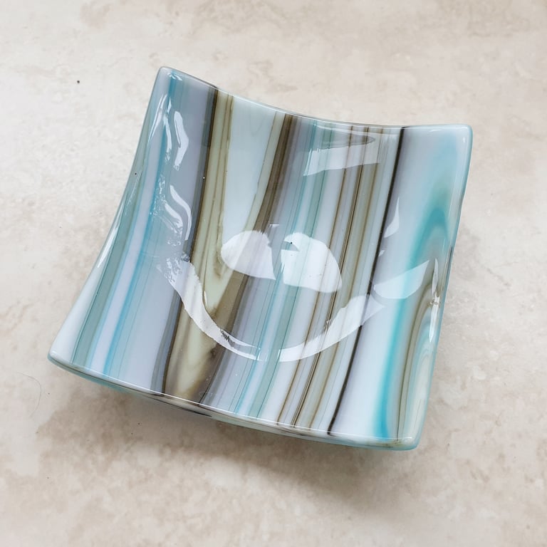Fused glass decorative trinket dish, beachy swirls