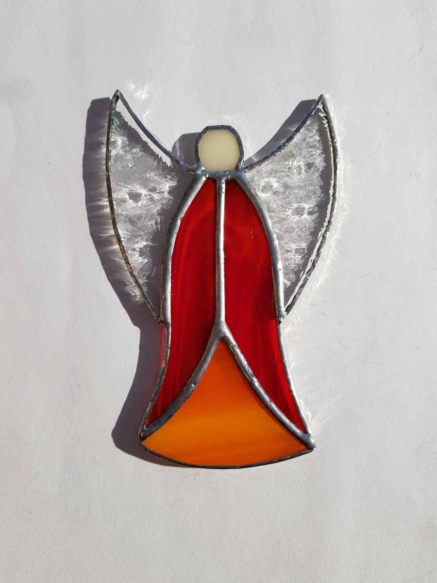 159 Stained Glass Large Red Angel - handmade hanging decoration.