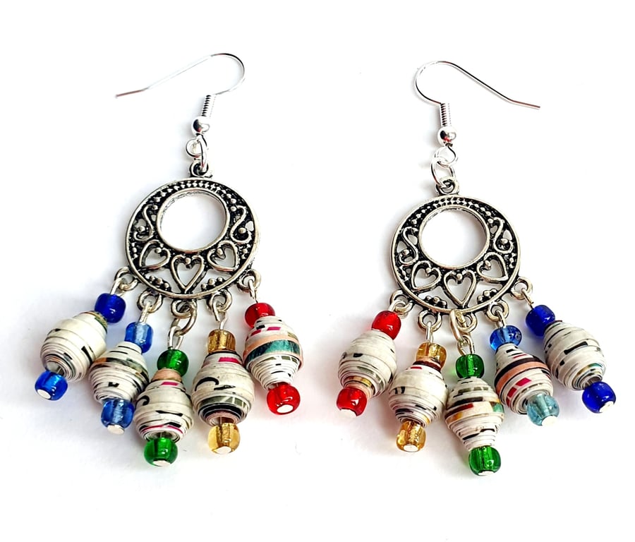 Ornate chandelier earrings with muticoloured paper beads