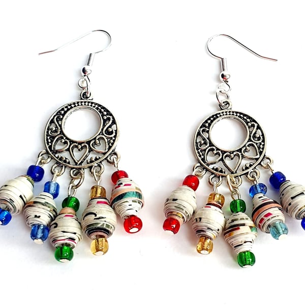 Ornate chandelier earrings with muticoloured paper beads