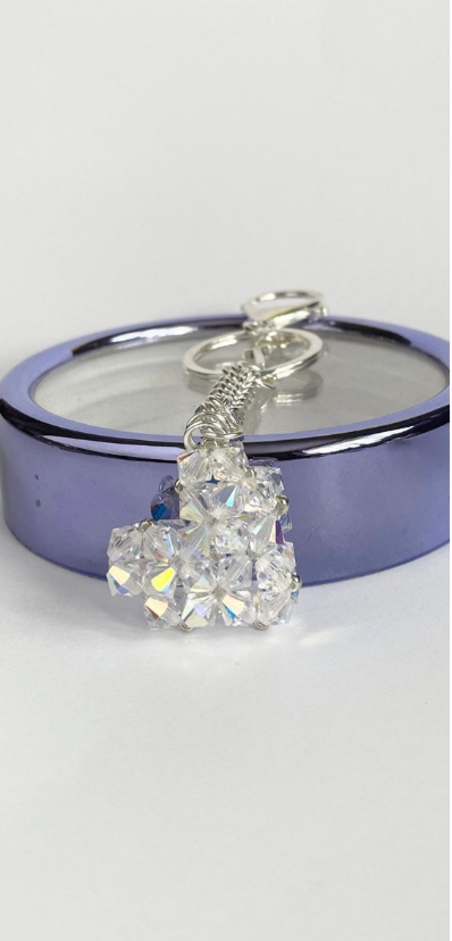 Initialled Crystal Heart Handbag Charm, with a Chainmaille Chain and Keyring