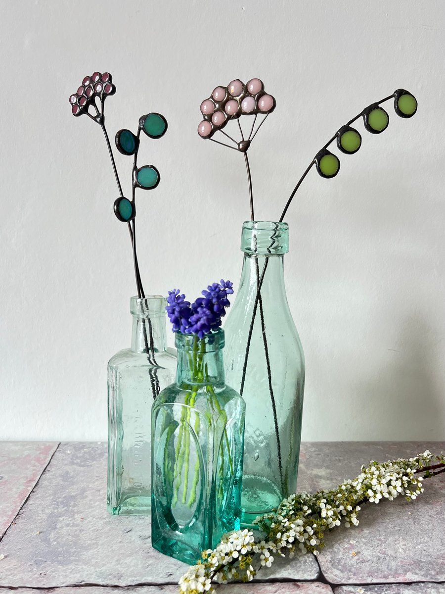 Teal green glass flower foliage - for everlasting bouquet