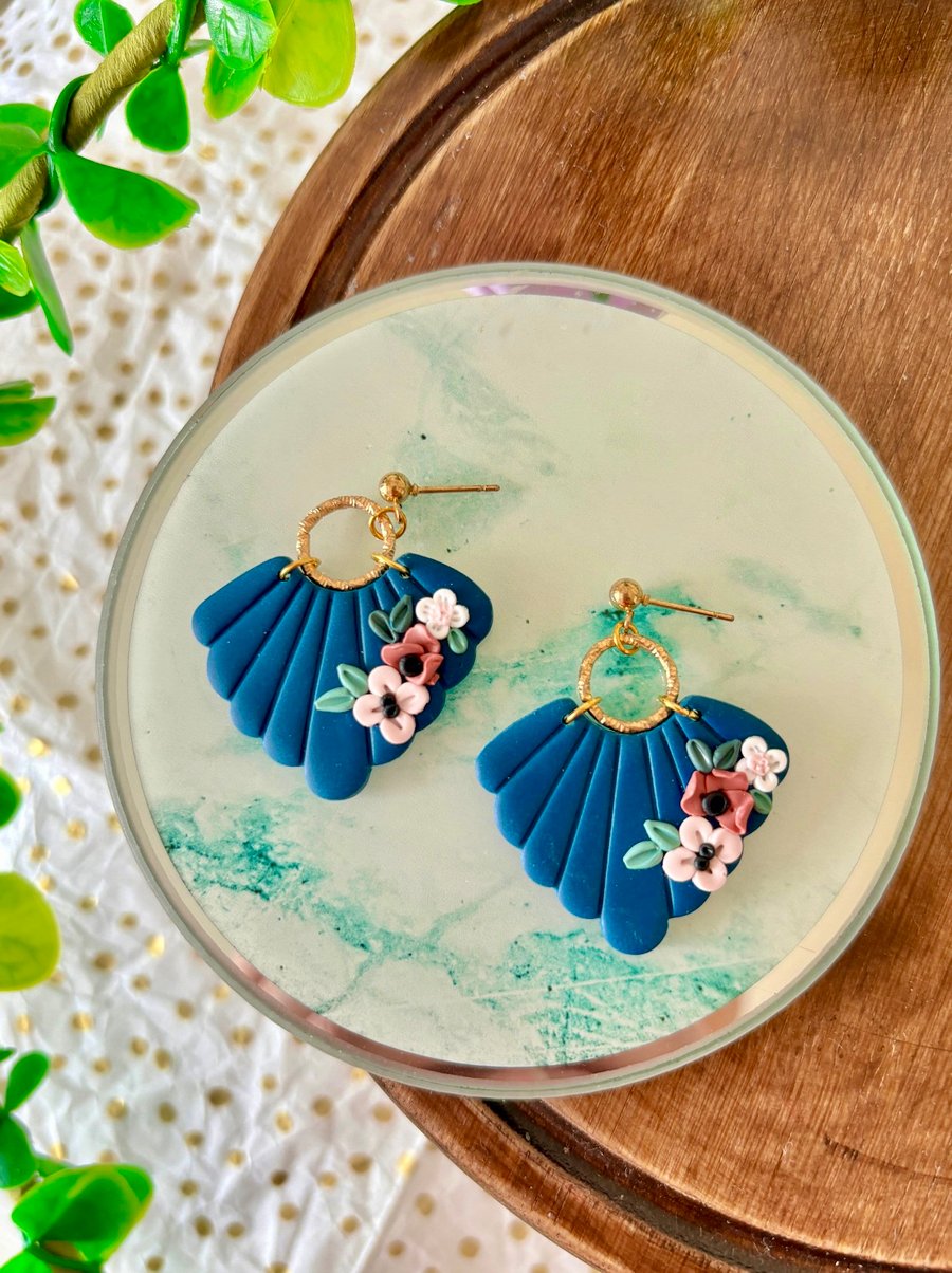 Art deco blue floral polymer clay dangle earrings 