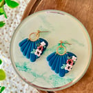 Art deco blue floral polymer clay dangle earrings 