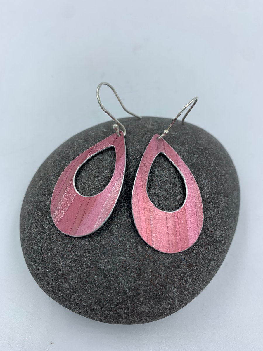 Dark red silver striped drop shaped aluminium earrings