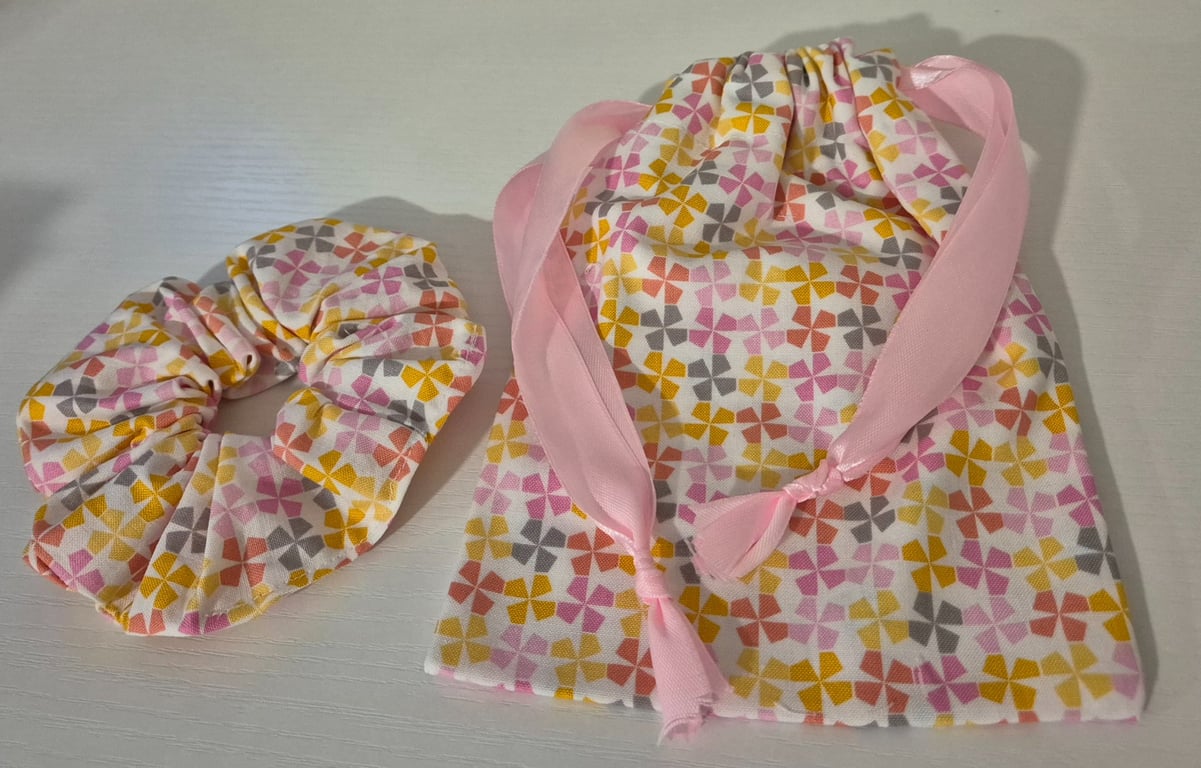 Handmade sewn pouch bag with matching scrunchie