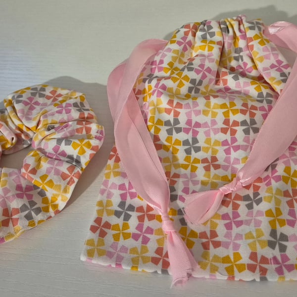 Handmade sewn pouch bag with matching scrunchie