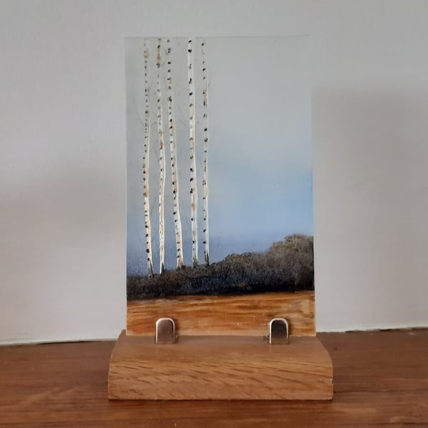 Hand painted enamel on glass landscape panel, birch trees