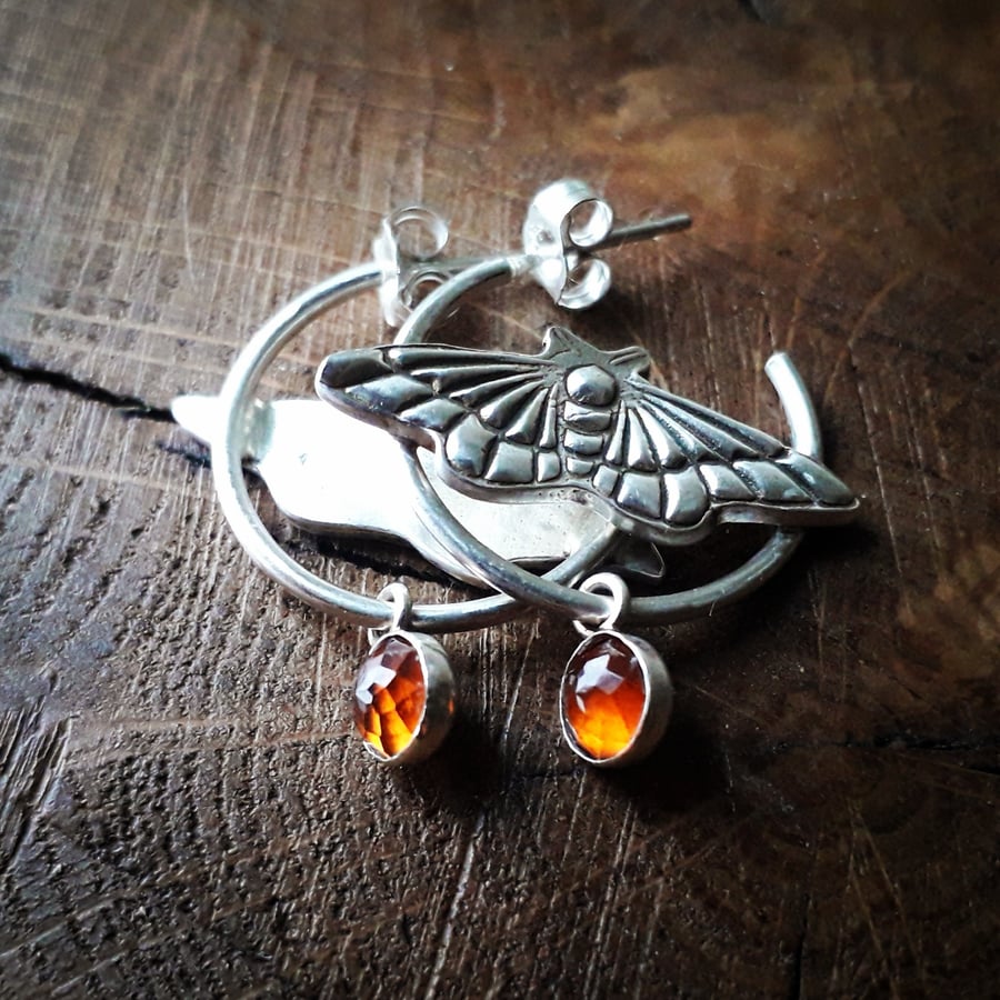  Moth Hoops - Hessonite Garnet, recycled silver, handmade 