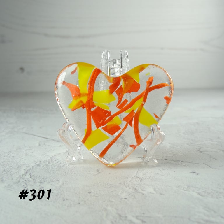 Orange and yellow heart fused glass pocket hug with stand 5x4.5cm (301)