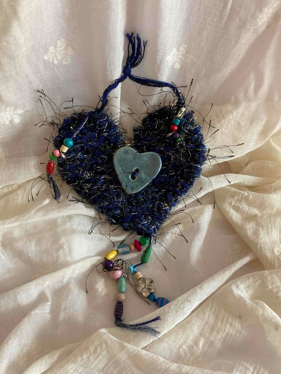 Blue and gold woolly hanging decorated heart