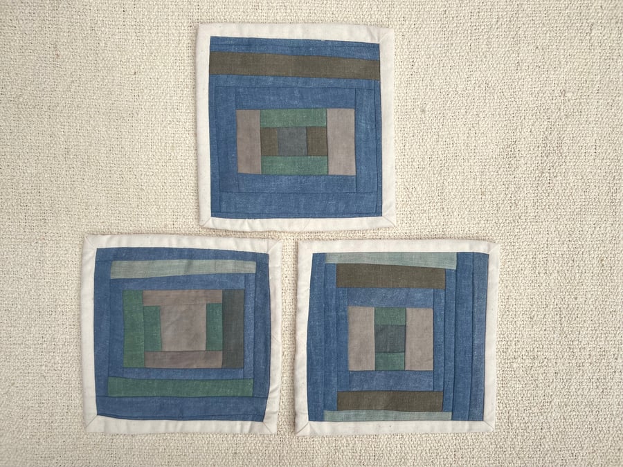 Log Cabin Fabric Coasters, set of 3 - blue, grey, green