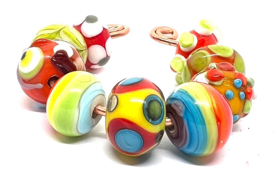 Image of Handmade Lampwork Glass Beads – Orange Owl, Lime Green & Rainbow Dot Set of 9