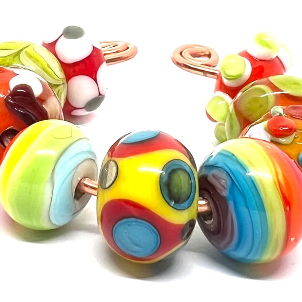 Handmade Lampwork Glass Beads – Orange Owl, Lime Green & Rainbow Dot Set of 9