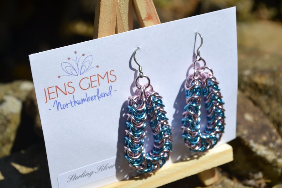 Pale Pink & Light Blue Box Chain Chainmaille Earrings