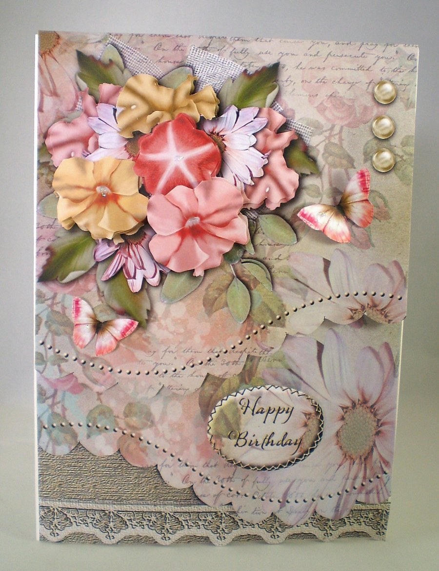 Decoupage, 3D Handmade Birthday Card, Pansies,Personalise