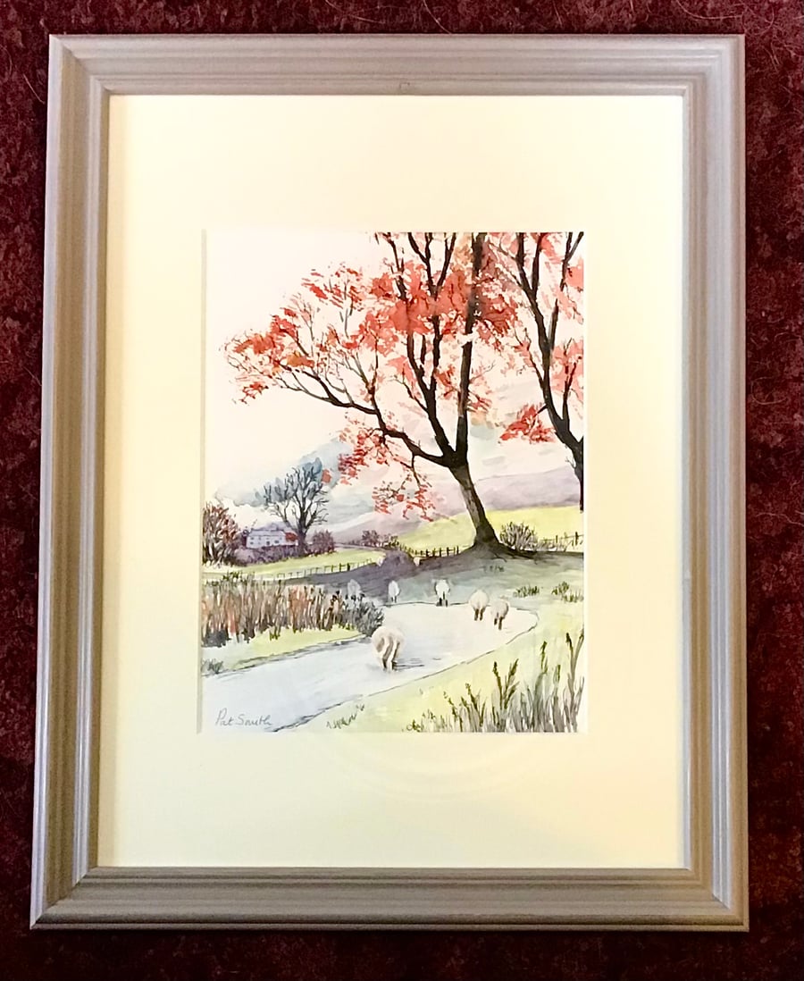 Sheep Returning Home, Autumn Trees, Original, Watercolour, Painting
