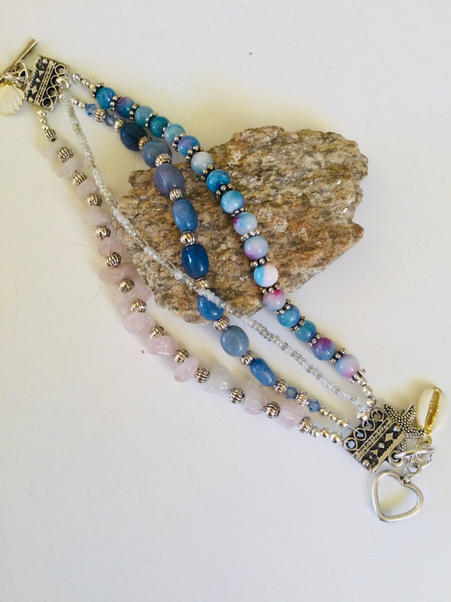 Multistrand semiprecious stone blue pink and silver bracelet 