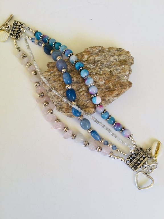 Multistrand semiprecious stone blue pink and silver bracelet 