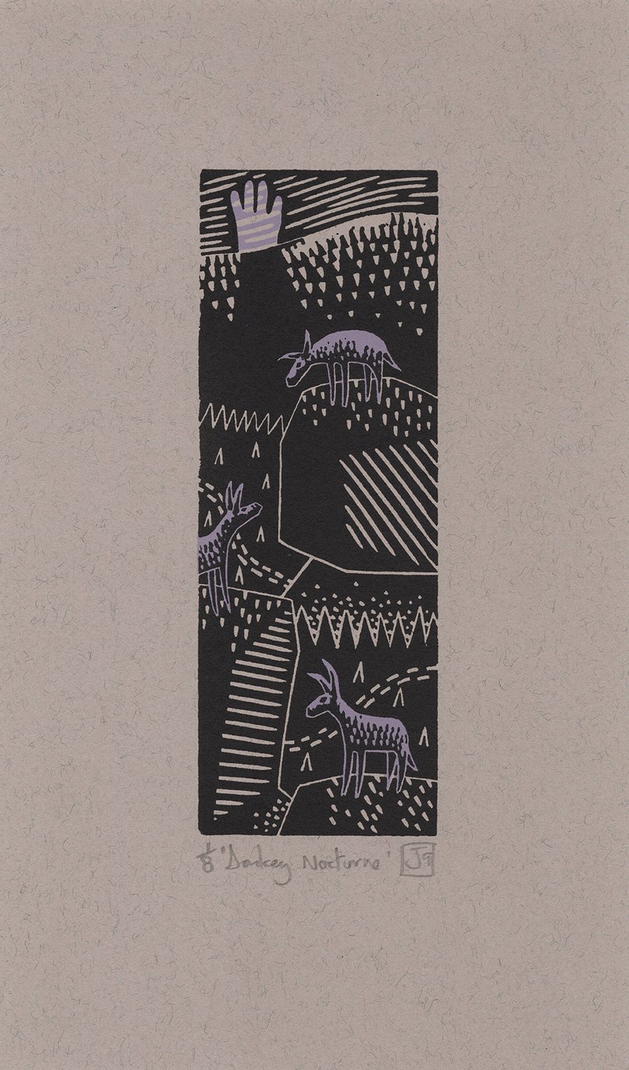 Donkey Nocturne two-colour linocut screen-print (lilac) 25x15cm