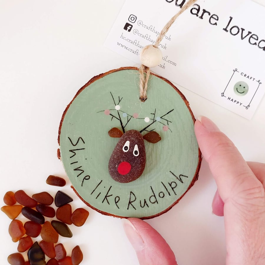 Sea Glass Christmas Reindeer Decorations, Beach Glass Xmas Ornaments