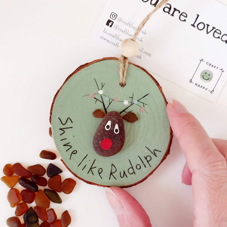 Sea Glass Christmas Reindeer Decorations, Beach Glass Xmas Ornaments