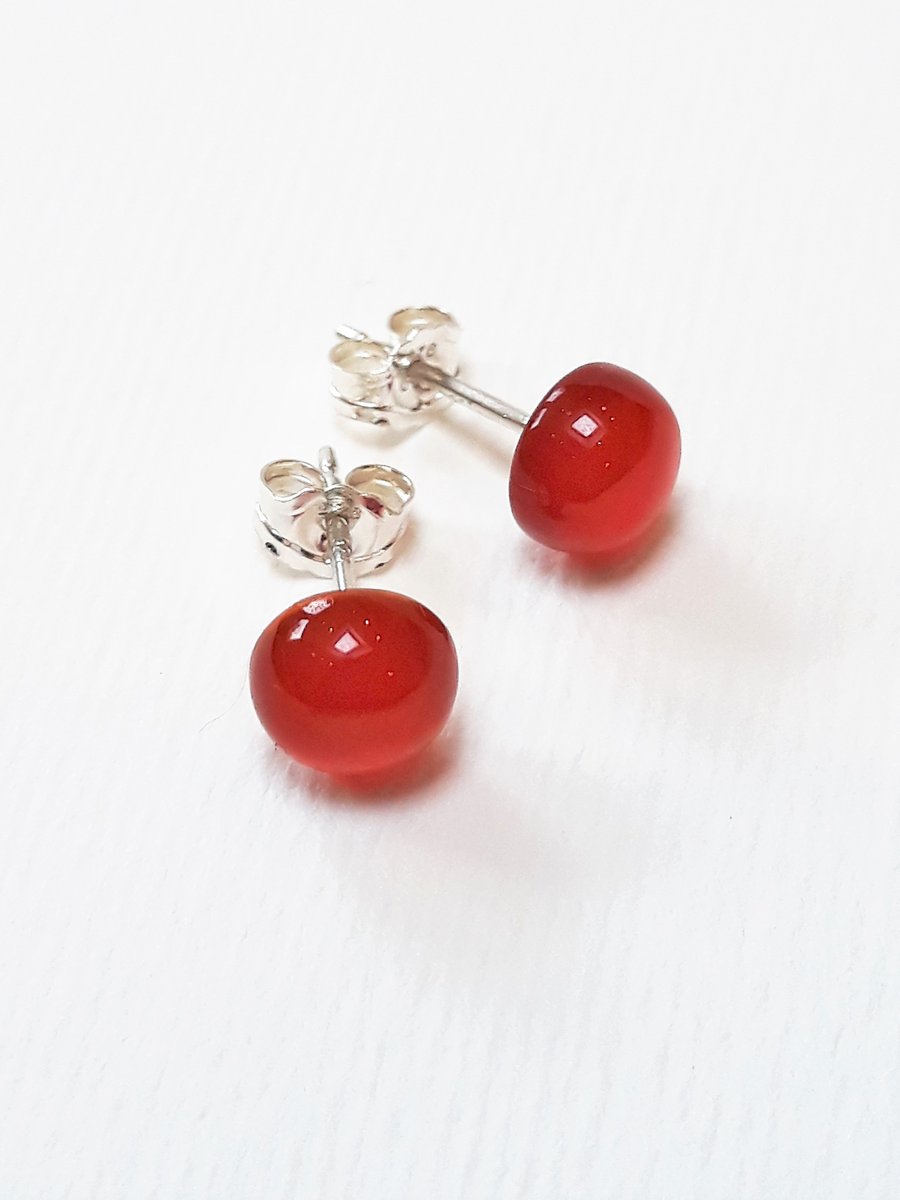 Carnelian Studs, Small Red Semi Precious Stone Earrings with Sterling Silver