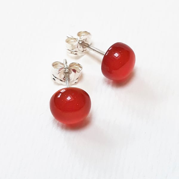 Carnelian Studs, Small Red Semi Precious Stone Earrings with Sterling Silver