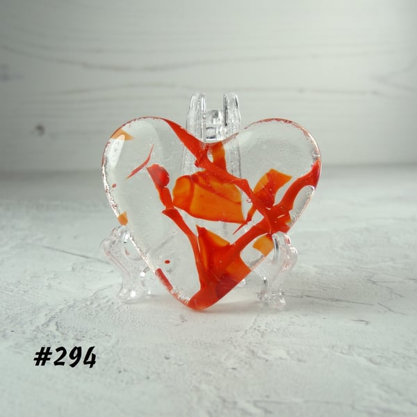 Fused glass red and clear heart pocket hug with stand 5x4.5cm (294)