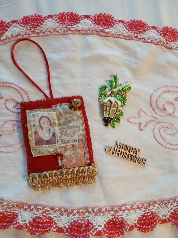 Slow-stitched red fabric christmas decoration 