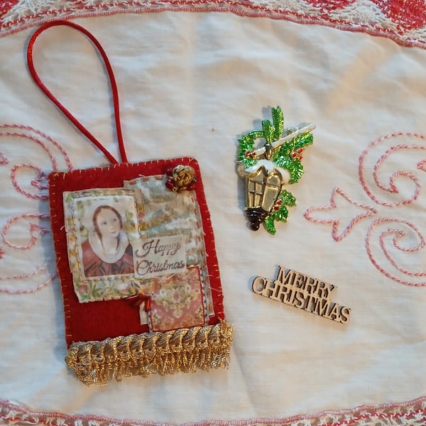 Slow-stitched red fabric christmas decoration 
