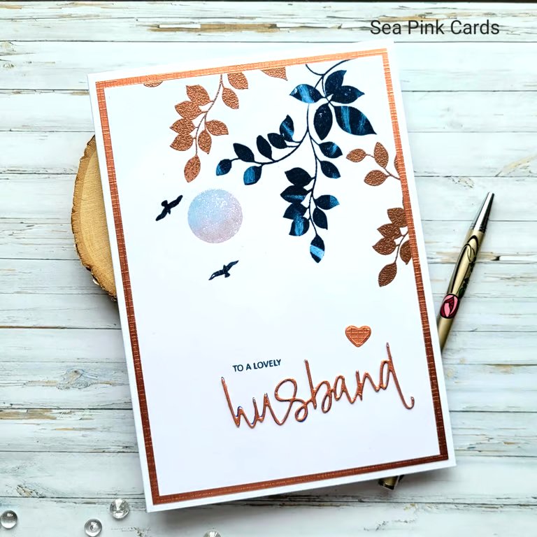Husband Birthday Card - leaves, branches, heart, copper, navy, birthday message
