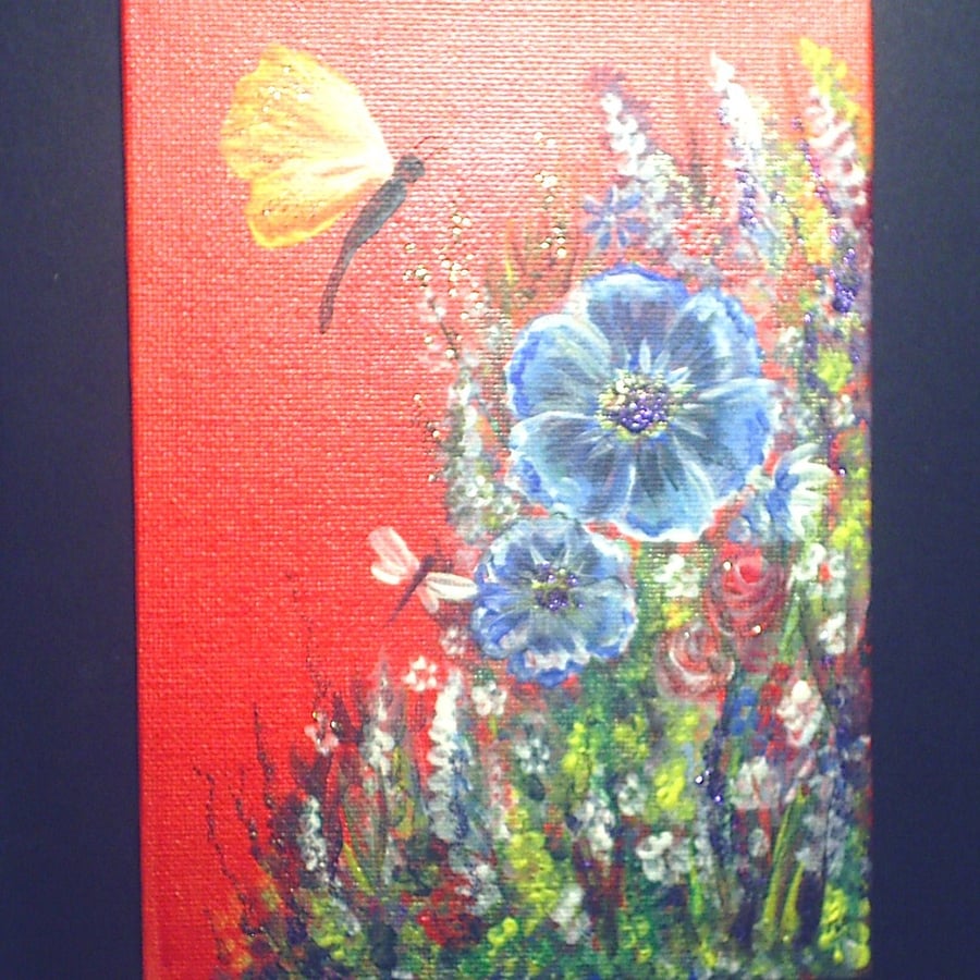 7x5" acrylic flower and butterfly painting on canvas board