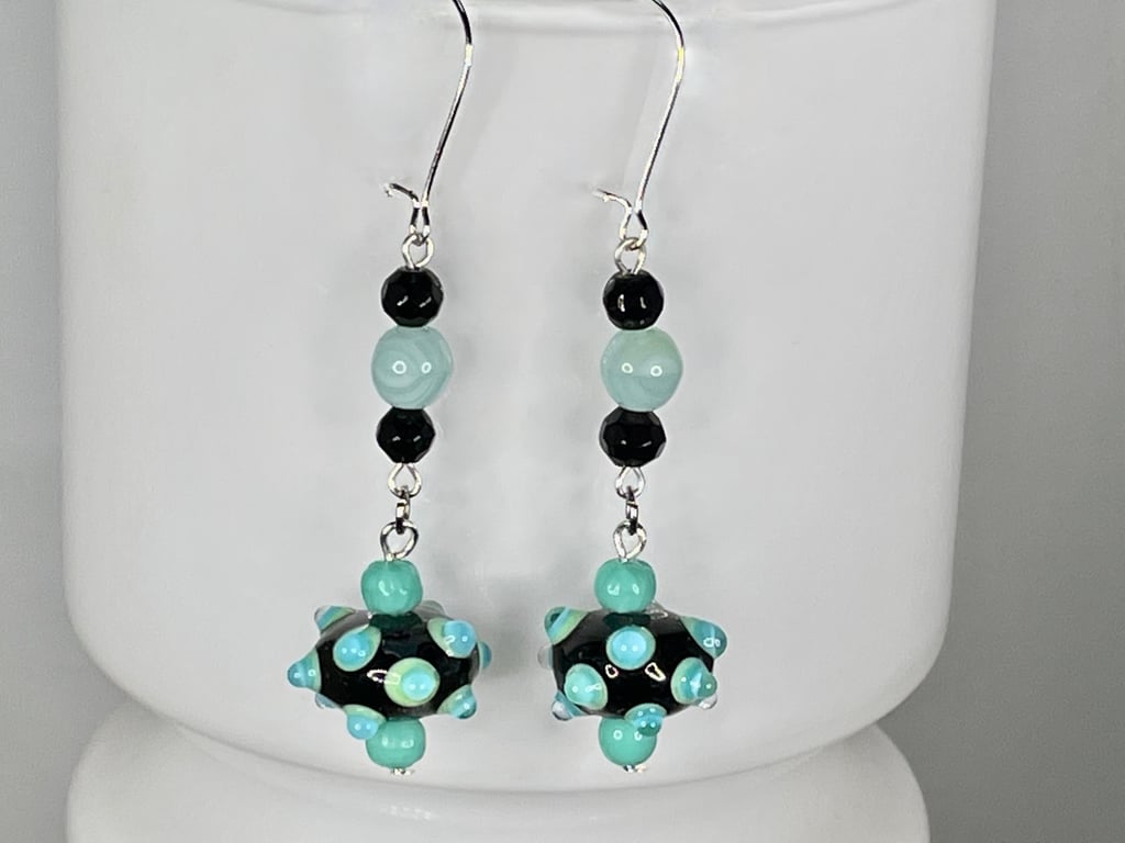ART DECO EARRINGS CZECH GLASS lampwork aquamarine blue black