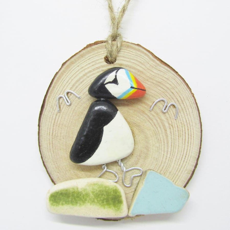 Puffin Beach Pottery Wood Hanger. Scottish Seaside Pebble, Coastal Crafts & Art