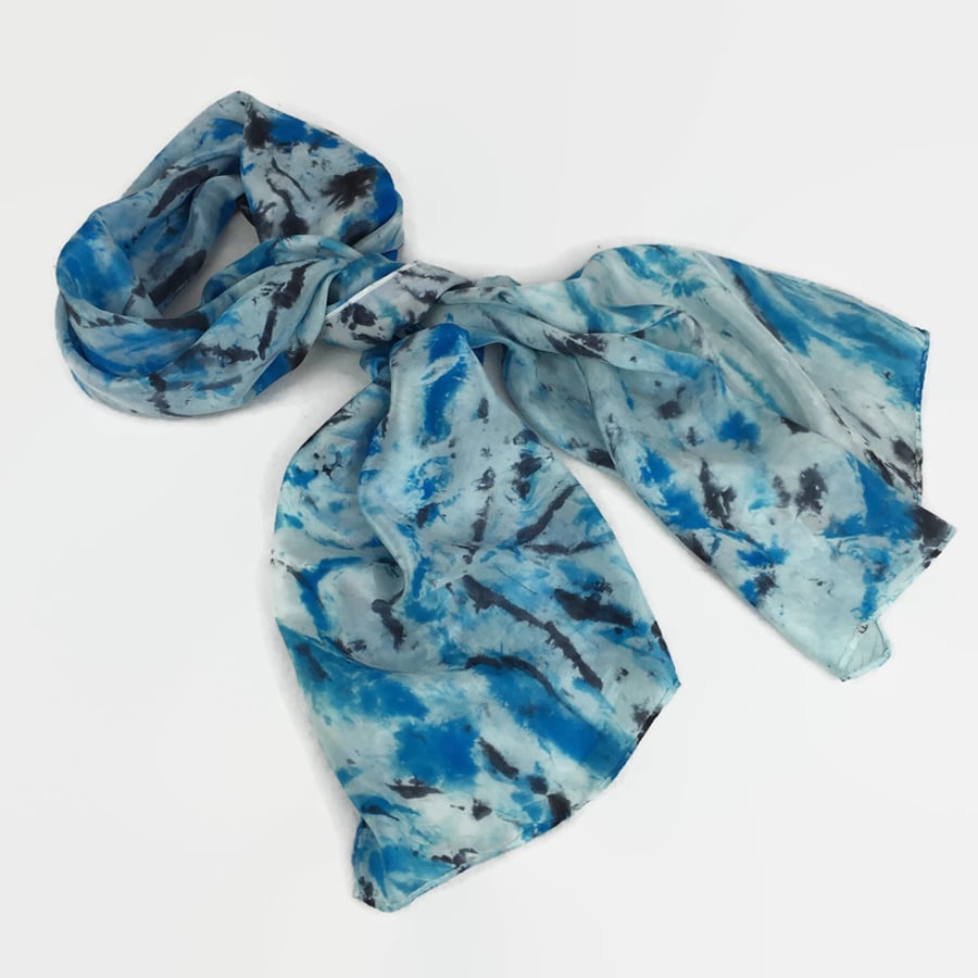 Crepe de chine silk scarf, hand dyed in blue and black 