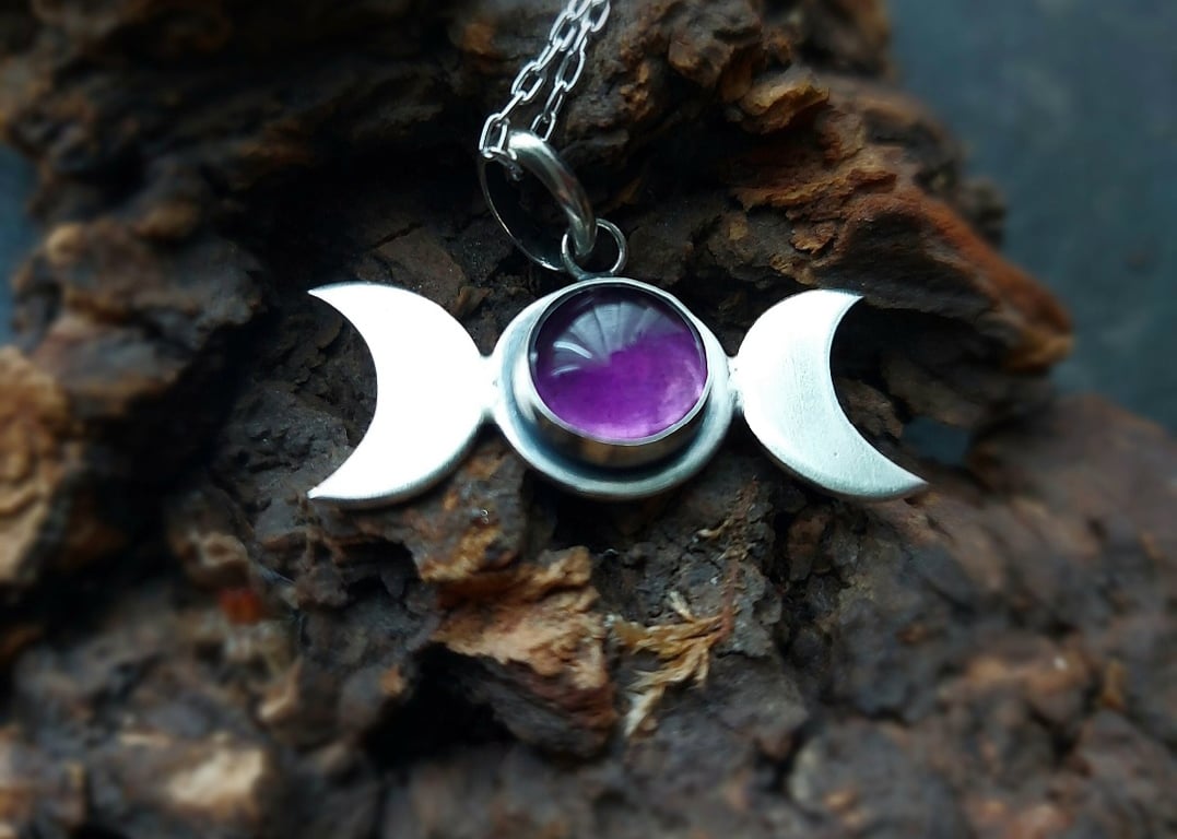 Silver and Amethyst triplemoon necklace , crescent moon necklace with gemstone