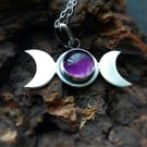 Silver and Amethyst triplemoon necklace , crescent moon necklace with gemstone