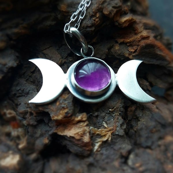Silver and Amethyst triplemoon necklace , crescent moon necklace with gemstone