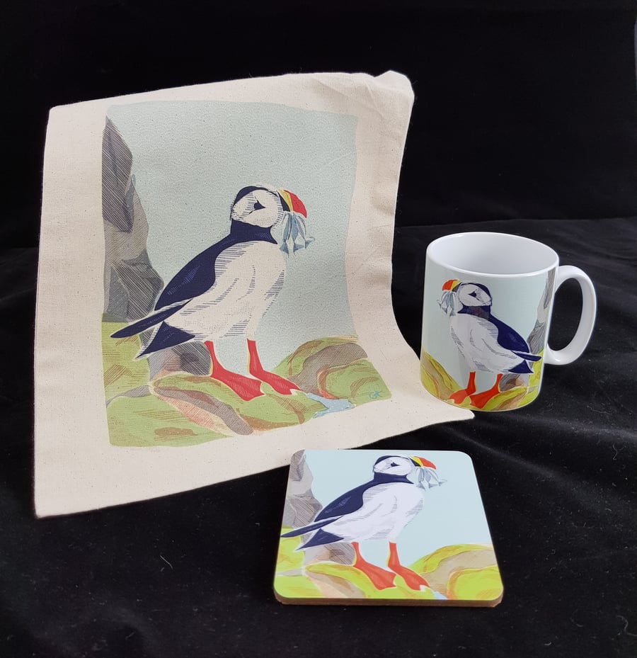 Puffin gift set of mug, coaster and small tote