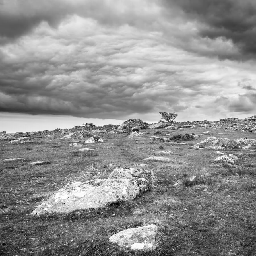 Photographic black & white print of Tregarrick Tor Clouds, Bodmin Moor, Cornwall