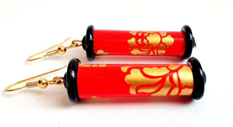 Red paper beaded earrings in the Chinese style