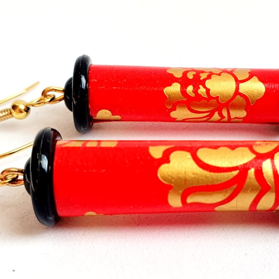 Red paper beaded earrings in the Chinese style