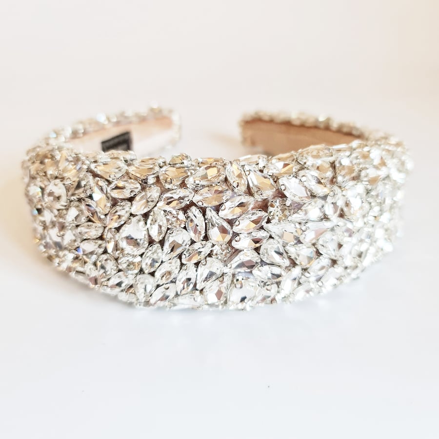 Silver Crystal diamanté crown tiara thick padded wide headband bridal