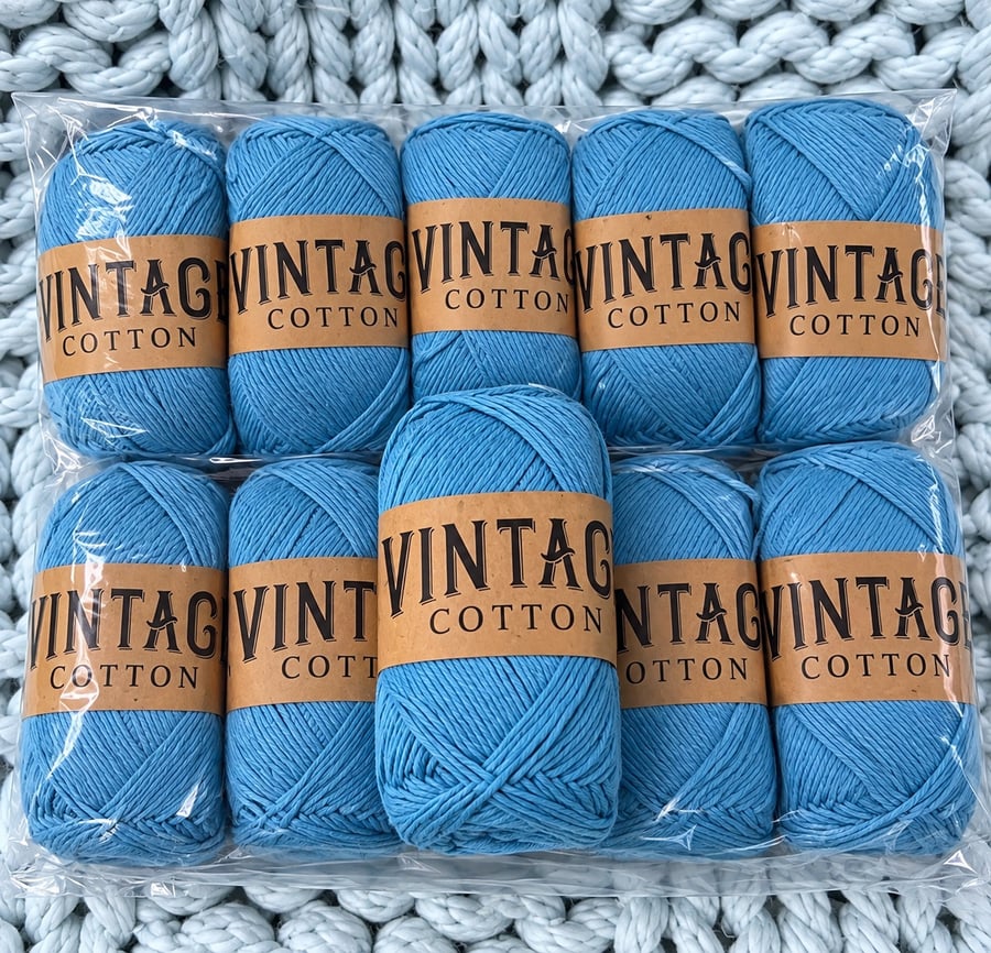 Vintage Cotton Yarn 80% Cotton Blue 1000g Knitting Crochet Bundle 10 balls 
