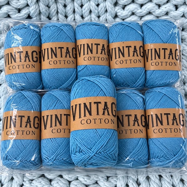 Vintage Cotton Yarn 80% Cotton Blue 1000g Knitting Crochet Bundle 10 balls 