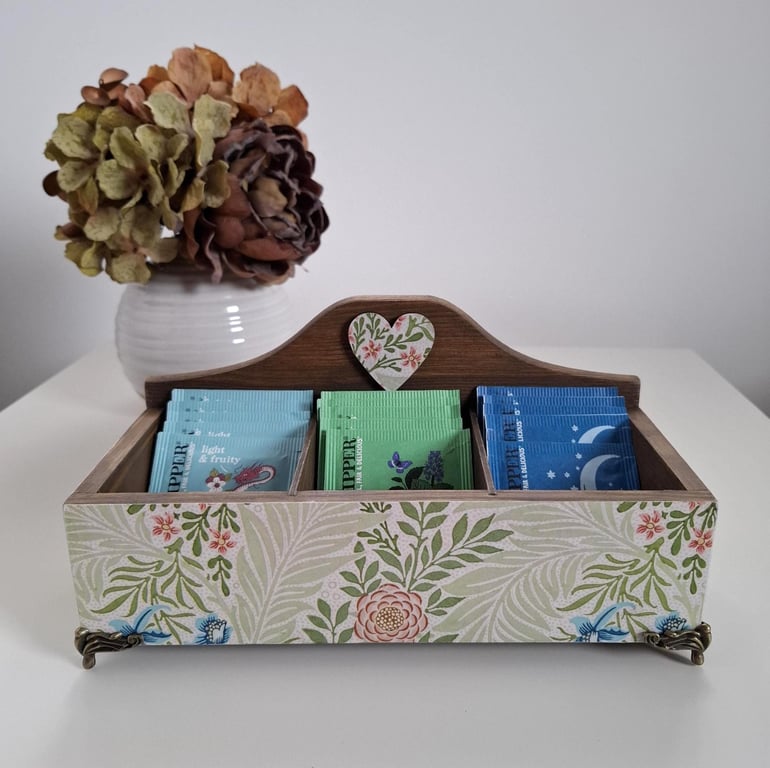 Decoupaged Wooden Tea Box, Hand Painted Floral Compartment Storage Home Decor