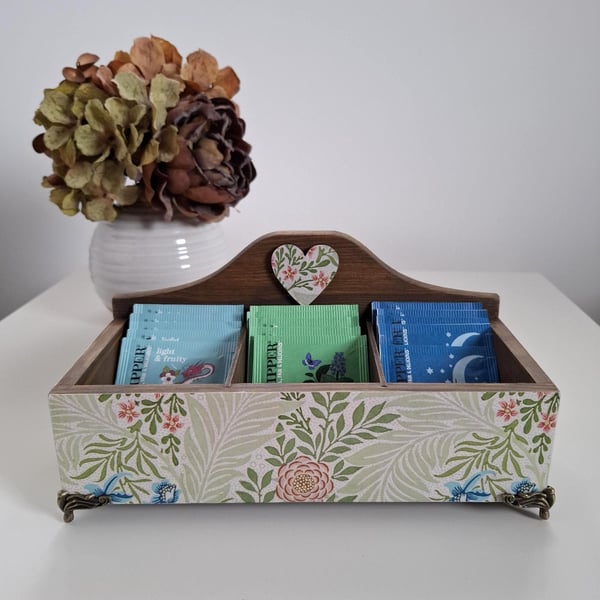 Decoupaged Wooden Tea Box, Hand Painted Floral Compartment Storage Home Decor