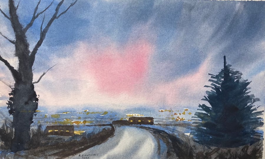 Coke ovens over Teesside (Nocturne painting Gouache and watercolour) 